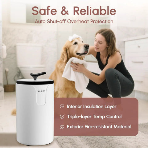 Woman using Heavy Duty Iron Adjustable Towel Warmer Stand No More Bending Over Elevates Towels Up To 9 Inches in bathroom with dog