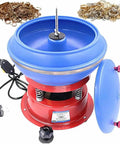 Get That Butter Smooth Finish With This 3.5 Liter Benchtop Vibratory Tumbler Polisher with blue bowl and red base.