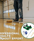 Worker using Four Piece Nine Inch Spiked Roller Set For Self Leveling Concrete And Epoxy Floors With Spike Shoes 43 Inch Telescoping Pole And Non Slip Gloves.