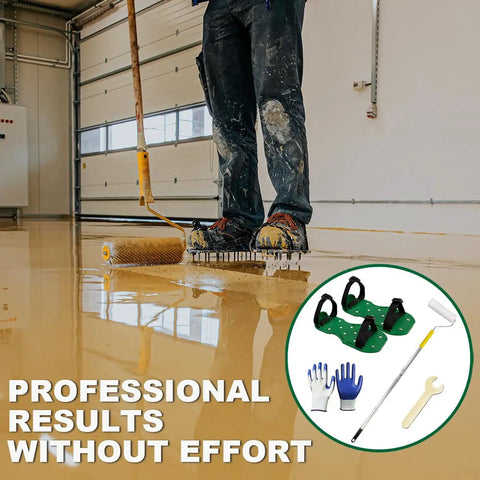 Worker using Four Piece Nine Inch Spiked Roller Set For Self Leveling Concrete And Epoxy Floors With Spike Shoes 43 Inch Telescoping Pole And Non Slip Gloves.