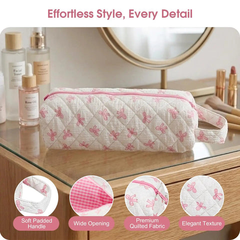 Side view of Pink Bow Pattern Hair Tools Organizer Bag for Curling Irons Flat Irons Hair Dryers and Styling Tools on a desk