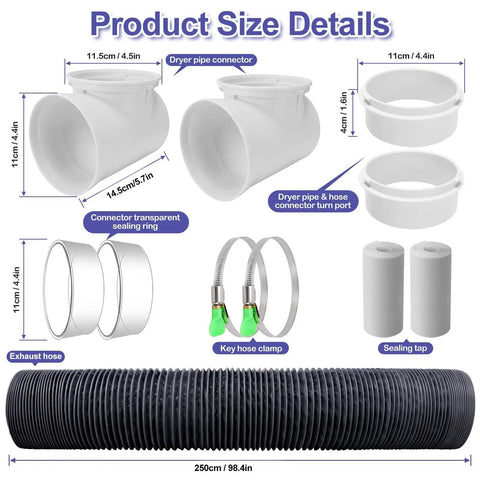 Space Saving Dryer Vent Hose Kit For Tight Spaces Inside The Home, 90 Degree Elbow, Vent Connector, Duct, Adapter And Vacuum Hose Attachment With Easy Install And Tight Seal components and size details