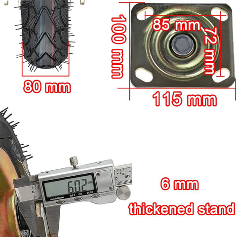 Heavy Duty Air Filled Rubber Caster Wheels Set With Swivel Fixed And Brake Options showing wheel dimensions and 6mm thick stand