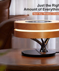 Bedside Lamp With 10W Wireless Charger And Bluetooth Speaker, Digital Clock, Stepless Dimming, Ambient Design On Wooden Table
