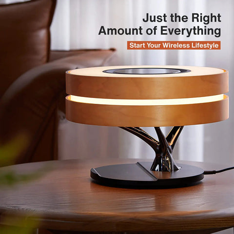 Bedside Lamp With 10W Wireless Charger And Bluetooth Speaker, Digital Clock, Stepless Dimming, Ambient Design On Wooden Table