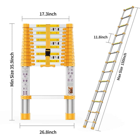 Diagram of 12.5 Foot Telescoping Extension Ladder Heavy Duty Aluminum Alloy with dimensions and extension view