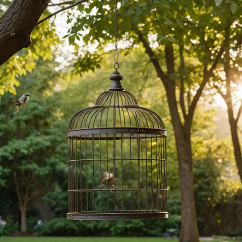 A birdcage hanging in a lush green garden with a small bird flying near it in the morning sun.