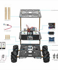 OSOYOO FlexiRover robot car kit components: anodized brackets, copper pillars, 520 gear motors encoders, mecanum wheels.
