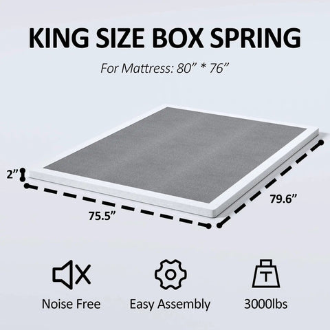 King Size 2 Inch Low Profile Box Spring Heavy Duty Bunkie Board Mattress Foundation With Fabric Cover Squeak Free Frame Easy Peasy Assembly.