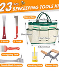 All In One Beekeeping Tools Kit 22-Piece With Durable Organizer Case showing tools and carry tote dimensions.