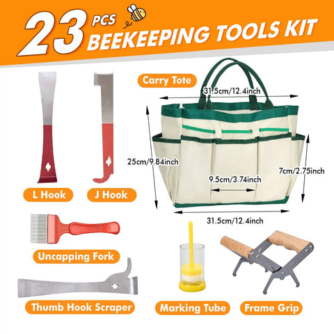 All In One Beekeeping Tools Kit 22-Piece With Durable Organizer Case showing tools and carry tote dimensions.