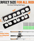 Heavy Duty 12 Rod Fishing Rod Rack For Wall Or Ceiling Mount Keeps Your Rods Neatly In Place Up To 12 With Deep Groove Design Steel Construction Black Powder Coated Wall Or Ceiling Mounted Storage For Garage Cabin And Basement shown with dimensions and screws