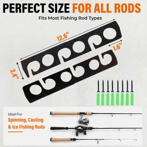 Heavy Duty 12 Rod Fishing Rod Rack For Wall Or Ceiling Mount Keeps Your Rods Neatly In Place Up To 12 With Deep Groove Design Steel Construction Black Powder Coated Wall Or Ceiling Mounted Storage For Garage Cabin And Basement shown with dimensions and screws
