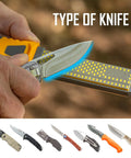 Knife being sharpened using Two Stage Diamond Sharpener With 4 Inch Double Sided Stone For Knives Hooks And Pointed Tools Coarse And Fine Grit Micro Sharpening Pad Ultra Lightweight Compact Handheld Field Sharpener.