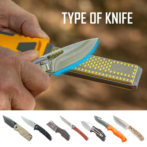 Knife being sharpened using Two Stage Diamond Sharpener With 4 Inch Double Sided Stone For Knives Hooks And Pointed Tools Coarse And Fine Grit Micro Sharpening Pad Ultra Lightweight Compact Handheld Field Sharpener.