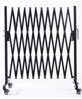 Front view of Beefed Up Expandable Metal Barricade 11 Foot Mobile Safety Barrier Gate With Casters Retractable Fence in black.
