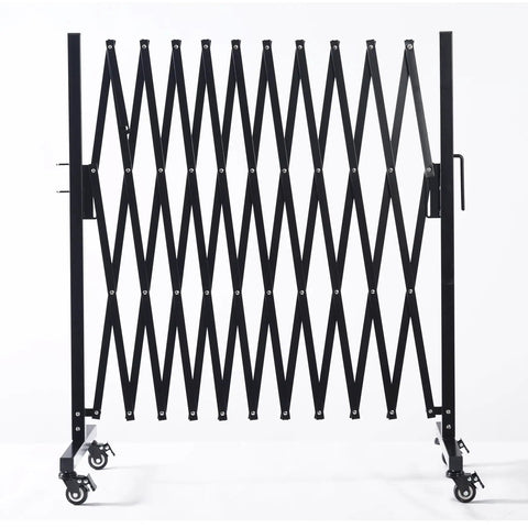 Front view of Beefed Up Expandable Metal Barricade 11 Foot Mobile Safety Barrier Gate With Casters Retractable Fence in black.