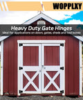 Red barn with white doors featuring 8 Pack Heavy Duty Gate Hinges 3.5 Inch Black Iron For Barn Doors Fences Gates Screws Included