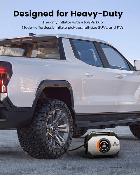 Vortex S7 Cordless Tire Inflator For Heavy Duty Vehicles With 160 PSI Portable Air Compressor near a white truck