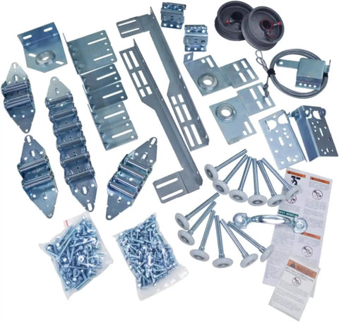 Ultimate All In One Garage Door Hardware Kit For 16 Ft By 7 Ft Overhead Doors Replacement Bundle with components displayed