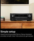 Front view of 7.2 Channel 8K HDR Home Theater Receiver with 75W per channel, built-in HEOS wireless streaming, and Dolby TrueHD.