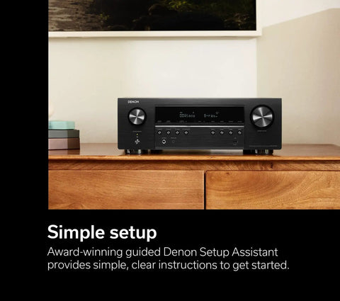 Front view of 7.2 Channel 8K HDR Home Theater Receiver with 75W per channel, built-in HEOS wireless streaming, and Dolby TrueHD.