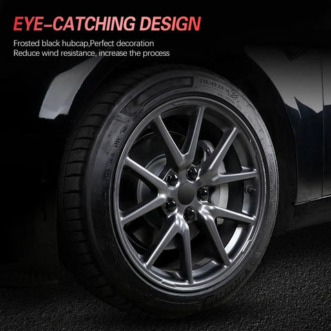 Tesla No Logo Wheel Center Caps Kit for Model Y and Model 3, slick matte black hub covers on 19 inch wheel, side view