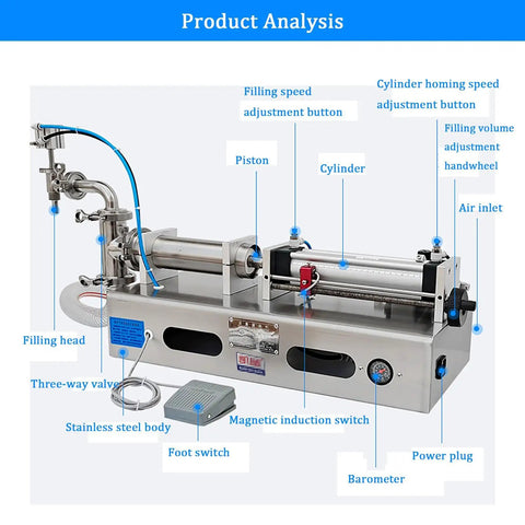 Product analysis of Hassle Free Foot Pedal Pneumatic Bottle Filler Machine, showing stainless steel parts and controls.