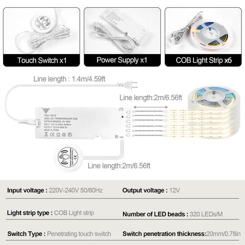12V Warm White COB LED Strip Light Kit With 6.56Ft Length Self Adhesive Mount Parallel COB LEDs for Bright Even Lighting No Dark Spots