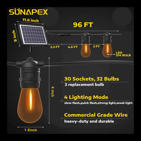 Outdoor Solar String Lights Waterproof 48Ft With Shatterproof Edison Bulbs For Patio Camping Backyard, Solar Powered, Auto On At Dusk, No Fuss To Use, Up To 8 Hours Of Light On Full Charge, Weatherproof Backyard Night Lighting