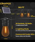 Diagram showing 96Ft Solar String Lights Outdoor Waterproof with Shatterproof Edison Bulbs for Patio Camping, solar panel detail
