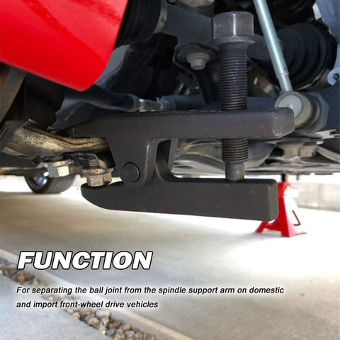 Heavy Duty Ball Joint Separator Tool With Expandable Fork For Pulling Tie Rods and Control Arms On Domestic And Import Rides Drop One In and Make Suspension Work No Sweat used under a vehicle.