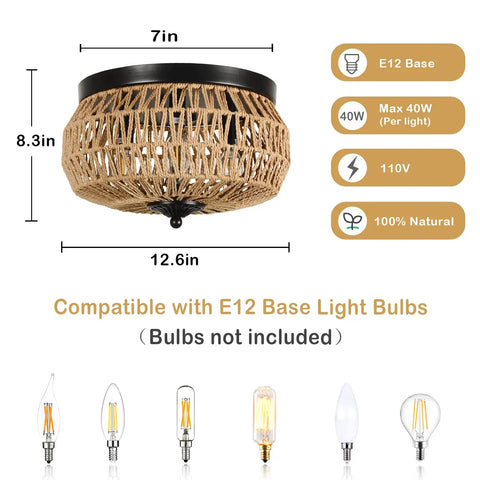 Three Light Woven Rattan Flush Mount Ceiling Light Fixture With Handwoven Cage Shade dimensions and bulb compatibility info