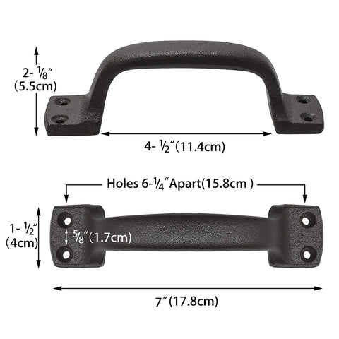 Diagram of Heavy Duty 7 Inch Cast Iron Barn Door Pull Handles 2 Pack For Sliding Doors Gates Fences Drawers And Garages Dark Brown Metal Hardware Built To Last For Indoor Outdoor Use showing dimensions.