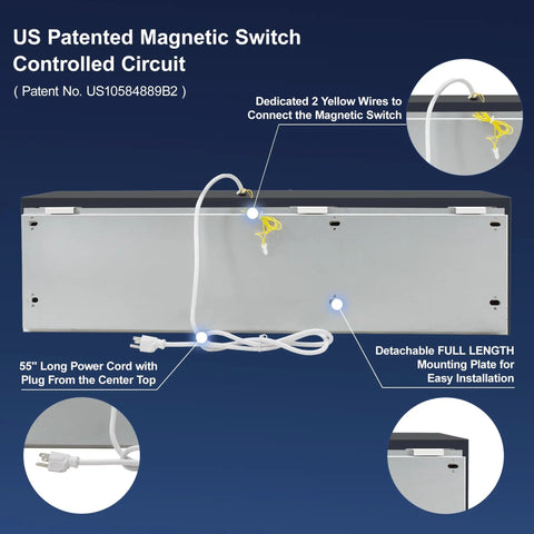 Close-up of 24 Inch Black Commercial Air Curtain featuring US Patented Magnetic Switch and power cord for easy installation.