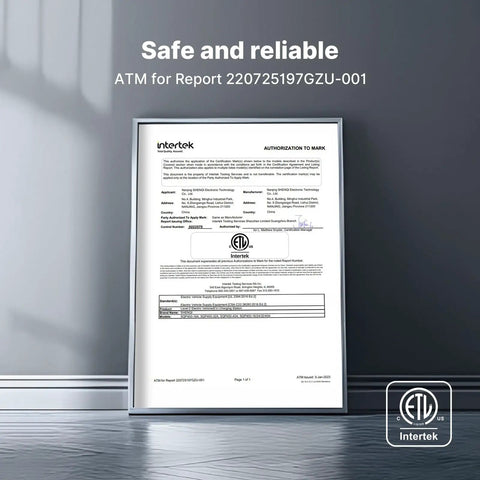ETL certification document for Portable Electric Level 2 Charger With 40A 240V Nema 14-50 Plug, confirming safety and reliability.