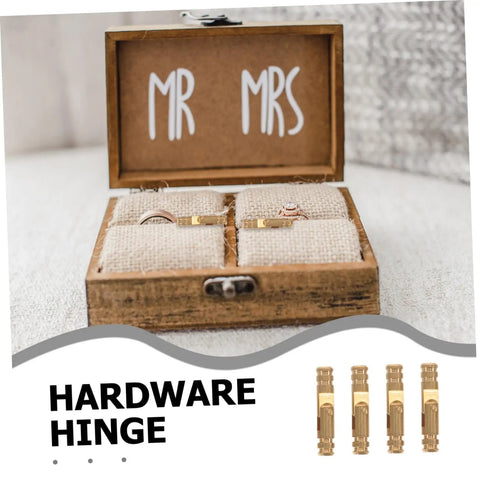 Sleek Hidden Brass Barrel Hinges For Jewelry Boxes And Wooden Cabinets, displayed in open wooden box with rings.