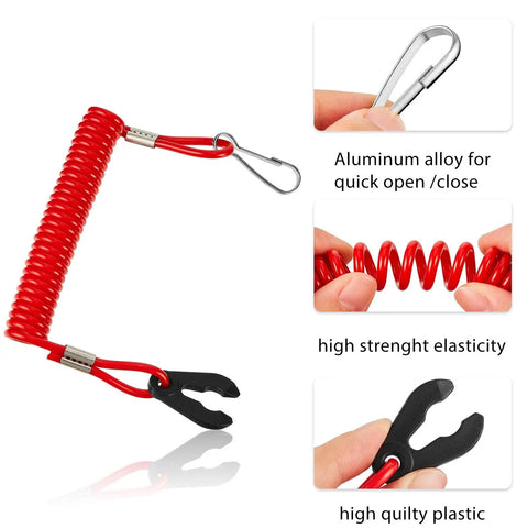Close-up of red coil lanyard with aluminum hook and black plastic key, part of 4 Pack Universal Boat Kill Switch Lanyards Durable With Stop Switch Keys Emergency Engine Cord Tether For Outboard Motors Red Safety Lanyards For Most Boat Engines