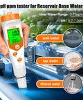 4 In 1 pH EC PPM TDS Meter For Hydroponics Nutrient Solution With Temperature Sensor held near reservoir water with display screen
