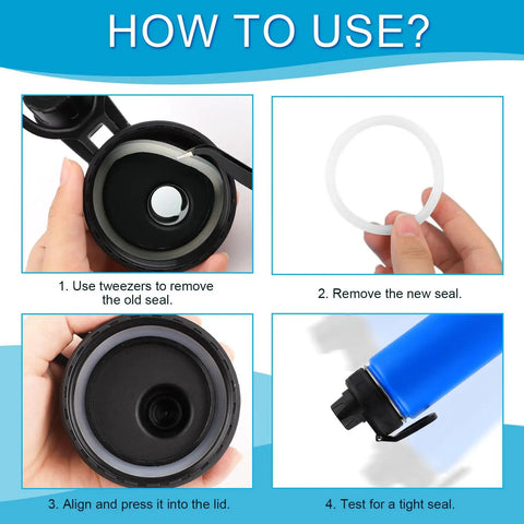 Six Pack Silicone Water Bottle Lid Gasket Set for Stainless Steel Bottles Leak Proof O Rings Replacements for 14/18/22/32/40/64oz Lids and Spouts BPA Free Fits Chug Lids, how-to-use steps
