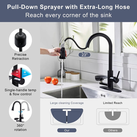 COXOVAY Pull Down Kitchen Faucet with Glass Rinser Single Handle Kitchen Sink Faucet with Pull Out Sprayer in black, shown in kitchen sink with tomatoes.