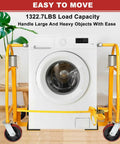 Set of 2 Heavy Duty Manual Furniture Movers with 1300 Lb Capacity and 12 Inch Lift Height, yellow dollies moving a washing machine
