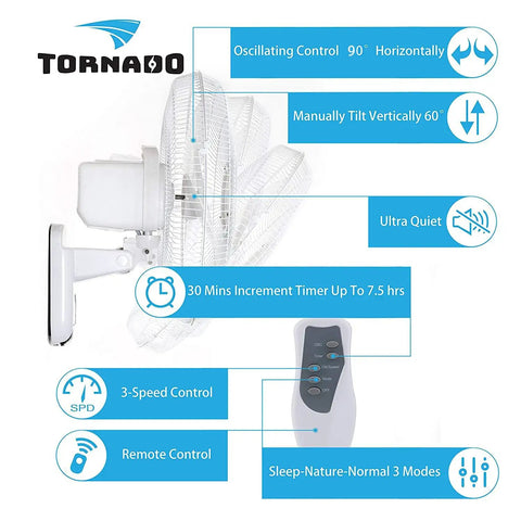 Side view of 16 Inch Oscillating Wall Mount Fan With Remote Control 3 Speed 2050 CFM 6 Ft Cord Quiet Operation