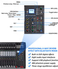Front panel and controls of 8 Channel Pro DJ Mixer Sound Board Desk Console With USB MP3 Input Bluetooth 48V Phantom Power