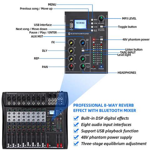 Front panel and controls of 8 Channel Pro DJ Mixer Sound Board Desk Console With USB MP3 Input Bluetooth 48V Phantom Power