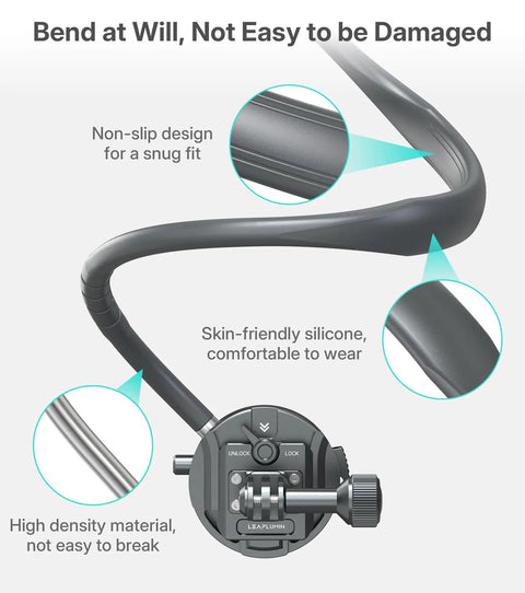 Neck Mount For Action Cameras With Chest Mount, POV Stabilizer showing silicone neckband and quick release lock detail