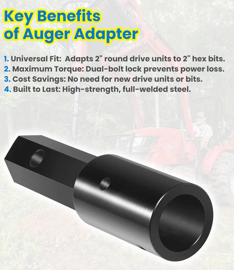 Beefy Heavy Duty 2 Inch Round To 2 Inch Hex Auger Adapter For Power Heads Converts Round Shafts To Hex Bit Ideal For Skid Steers