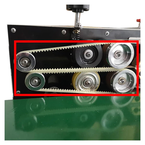 Gear Belt Tooth Spare Part Kit For FR 900 Continuous Sealing Machine Band Sealer 30 Pieces In 410mm 420mm 428mm 598mm 600mm And 630mm Sizes Durable Replacement Set For Easy Install And Extended Lifespan. installed toothed belt on band sealer rollers