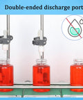 Heavy Duty Double Head Liquid Filling Machine With Belt Conveyor And Digital Control Built Different For Perfume Oil And Juice Bottling Operations with red bottles and discharge ports.
