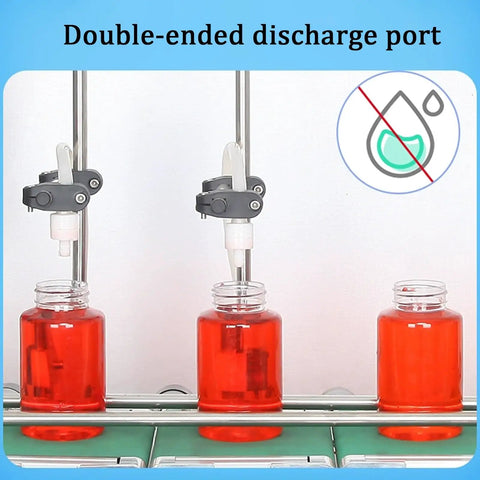 Heavy Duty Double Head Liquid Filling Machine With Belt Conveyor And Digital Control Built Different For Perfume Oil And Juice Bottling Operations with red bottles and discharge ports.